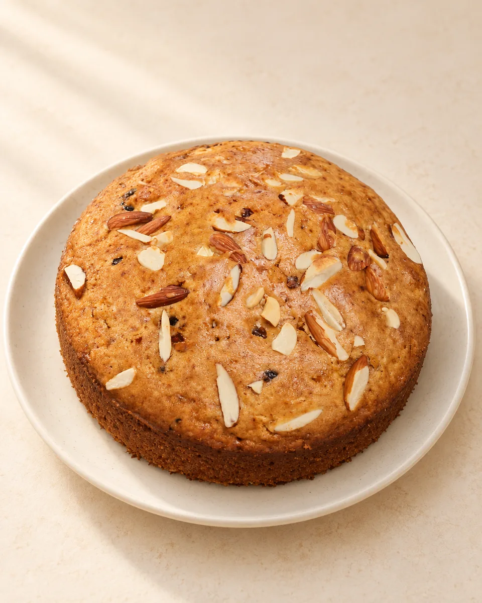 Round almond-topped cake viewed from above at an angle.