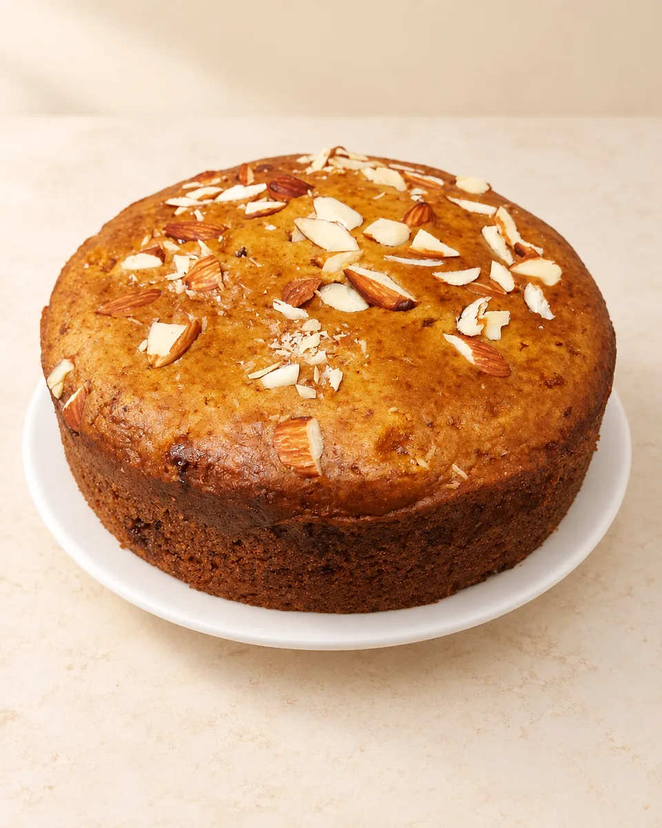 Whole round golden cake topped with chopped almonds on a white plate.