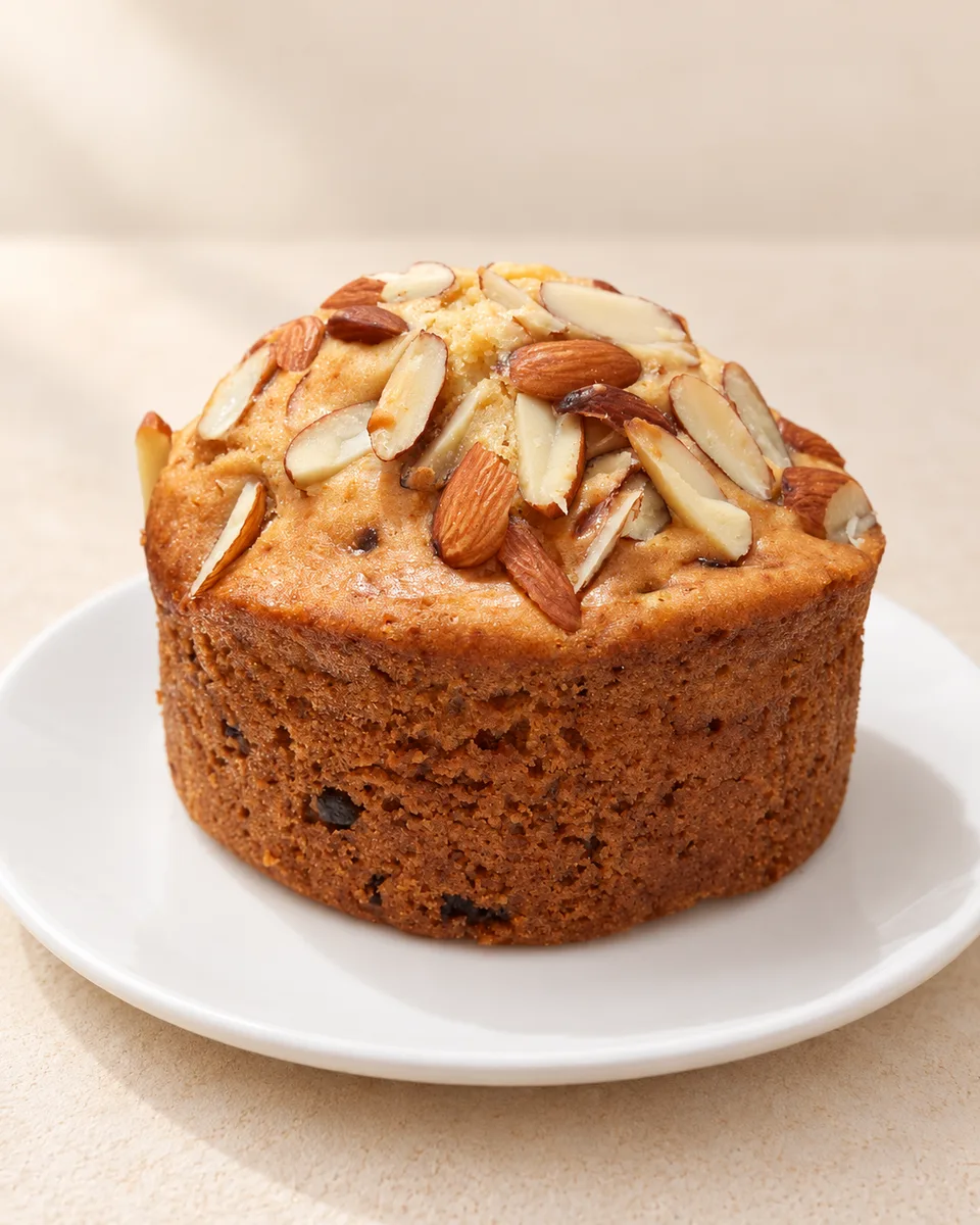 A close look at a golden cake and its almond topping.