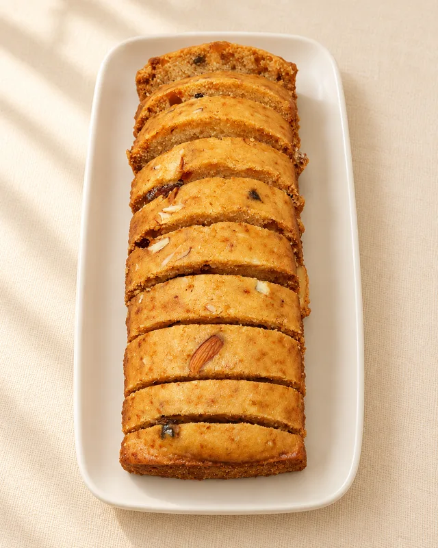 Golden sliced tea cake arranged on a cream ceramic plate.